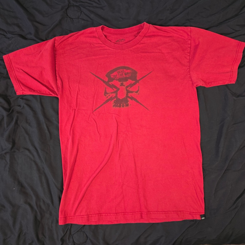 Vans Graphic T-Shirt Mens Large Red Excellent Skull Lightning Bolt Skater Tee